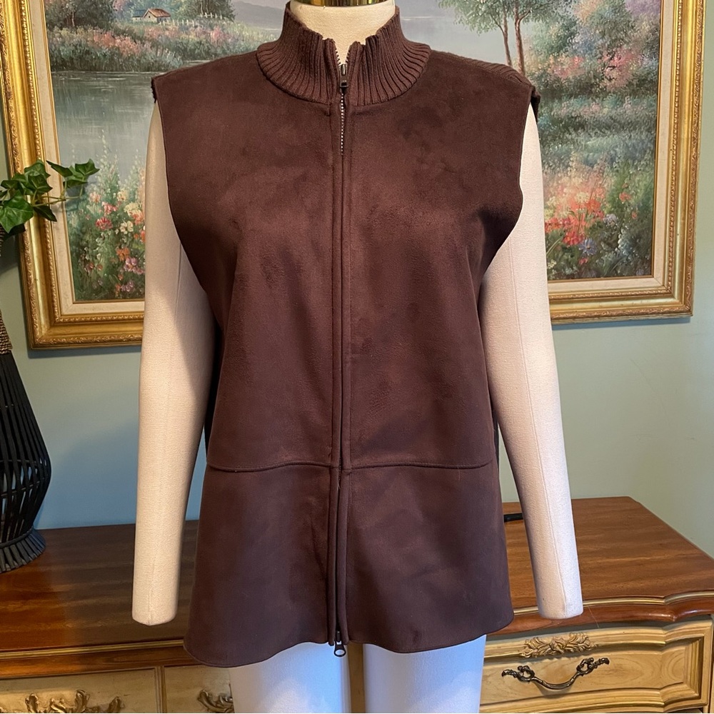 J. Jill Brown Faux Suede Knit Back Sweater Zip Front Vest